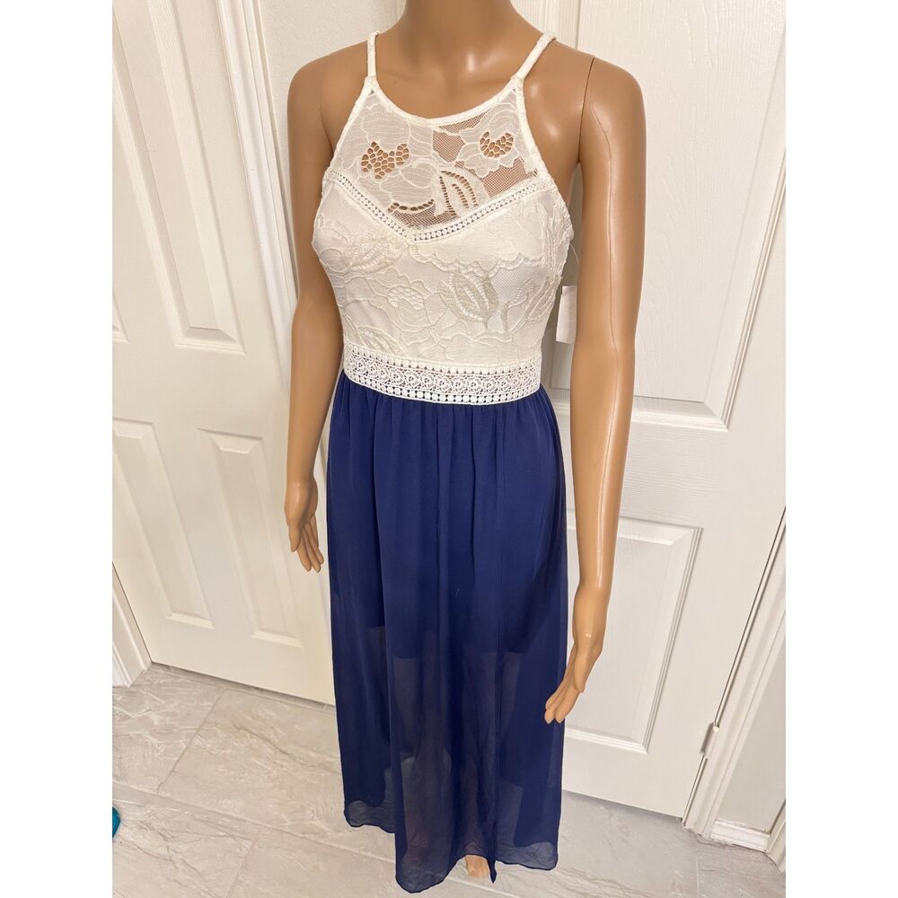2/$20 IZ Byer Ivory Lace Top Navy Blue Maxi Halter Top Dress